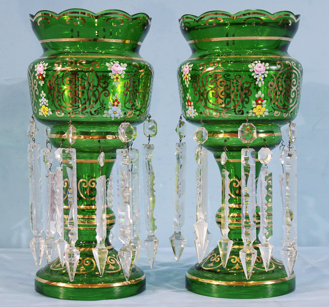 004a - Pair of double ring mantle lusters with enamel roses and gold paint, 17 in. T, 8 in. Dia.